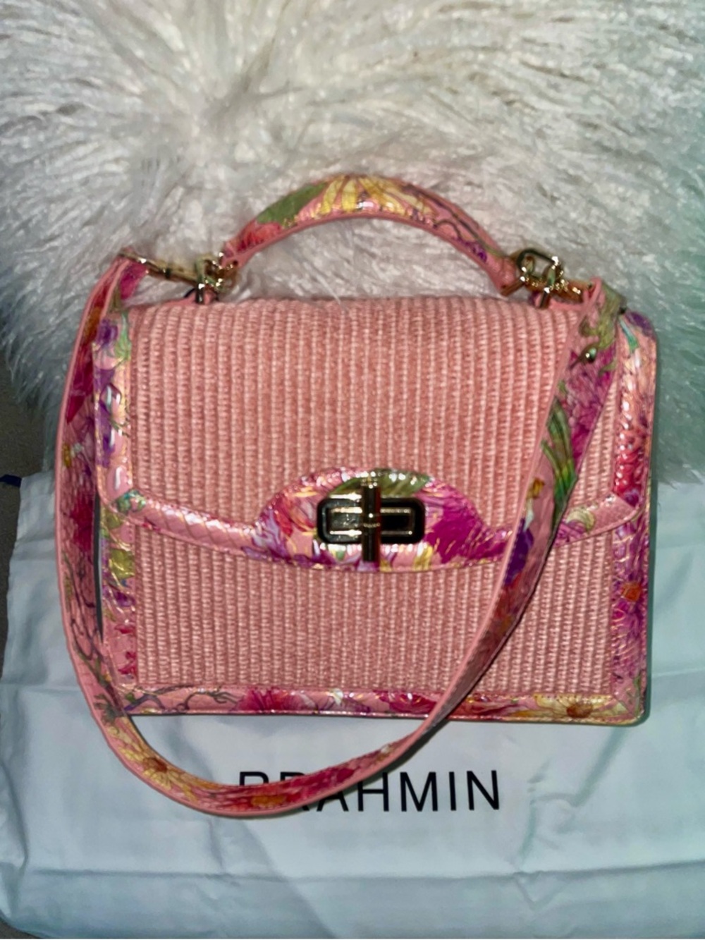 Brahmin Hallie Perennial Anthurium Pink Floral-Trim Top Handle Satchel
